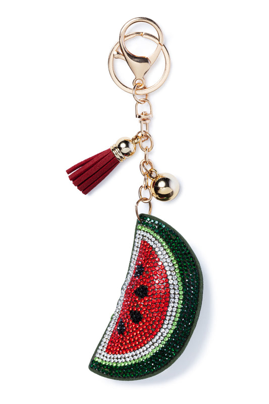 Plush Rhinestone Watermelon Key Chain - Gold
